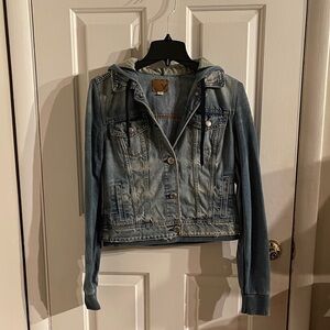American Eagle Outfitters Light Wash Denim Jacket with Hoodie